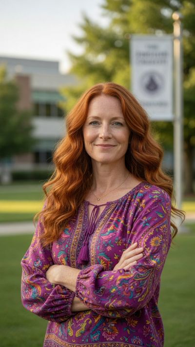 A red-haired woman in a floral blouse stands confidently on grass.