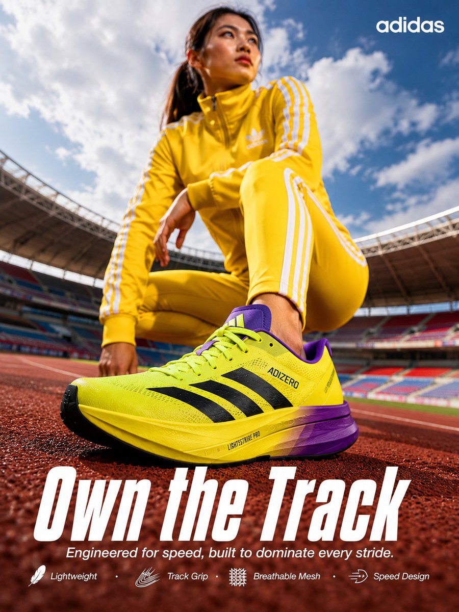 Young Asian athlete crouches on track with yellow Adidas shoe