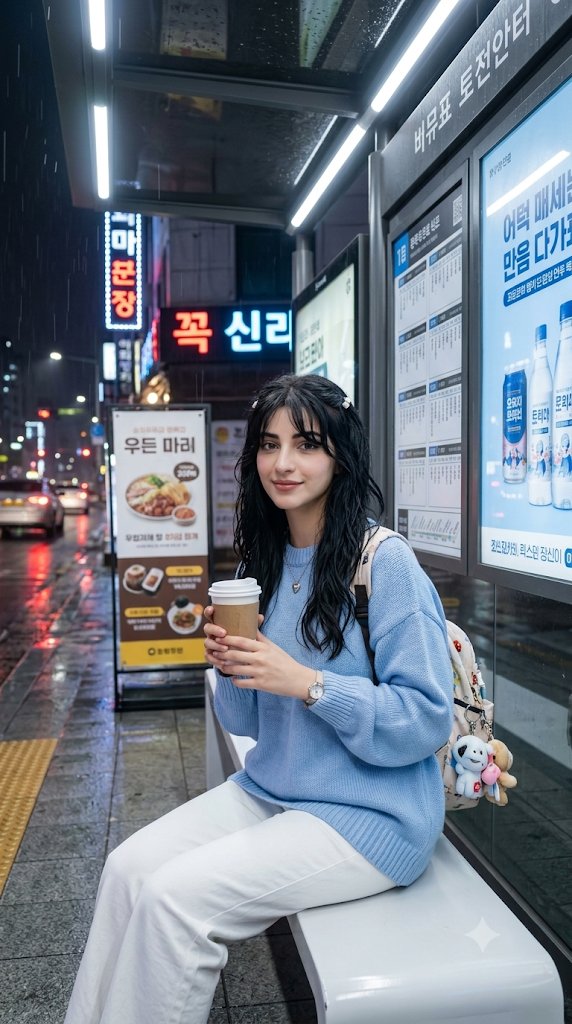 Woman in pastel sweater waits for bus during light rain