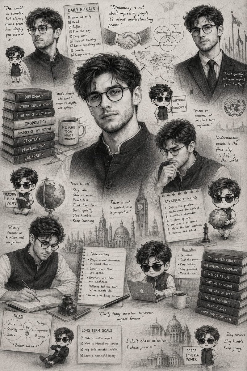 A thoughtful South Asian strategist sketches diplomatic plans in graphite