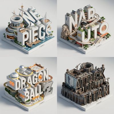 Monumental manga letters rise as pristine architectural dioramas in white