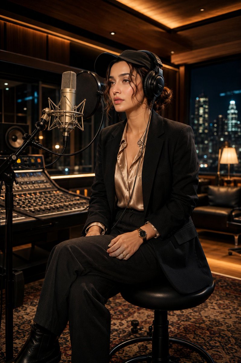 A Grammy-winning vocalist records in a futuristic studio with warm amber light.