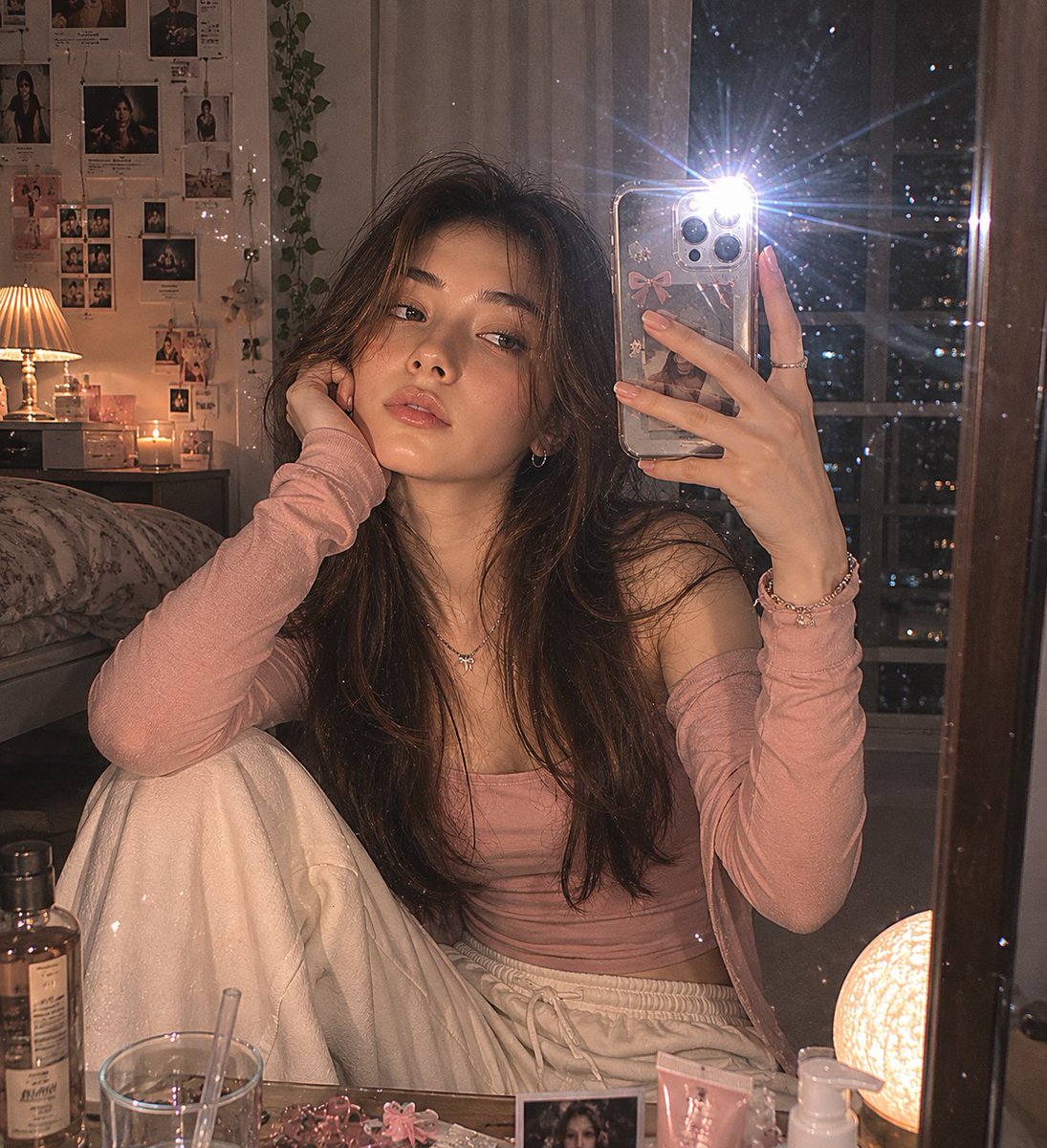 A young Korean woman captures her mirror selfie with a vintage camera flash