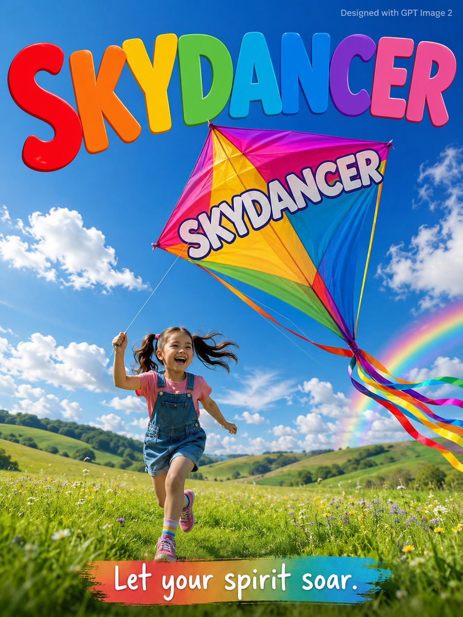 A laughing girl runs with a giant rainbow kite in a sunny field.