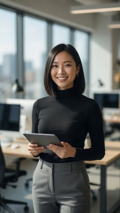Confident professional woman stands in bright modern office with tablet