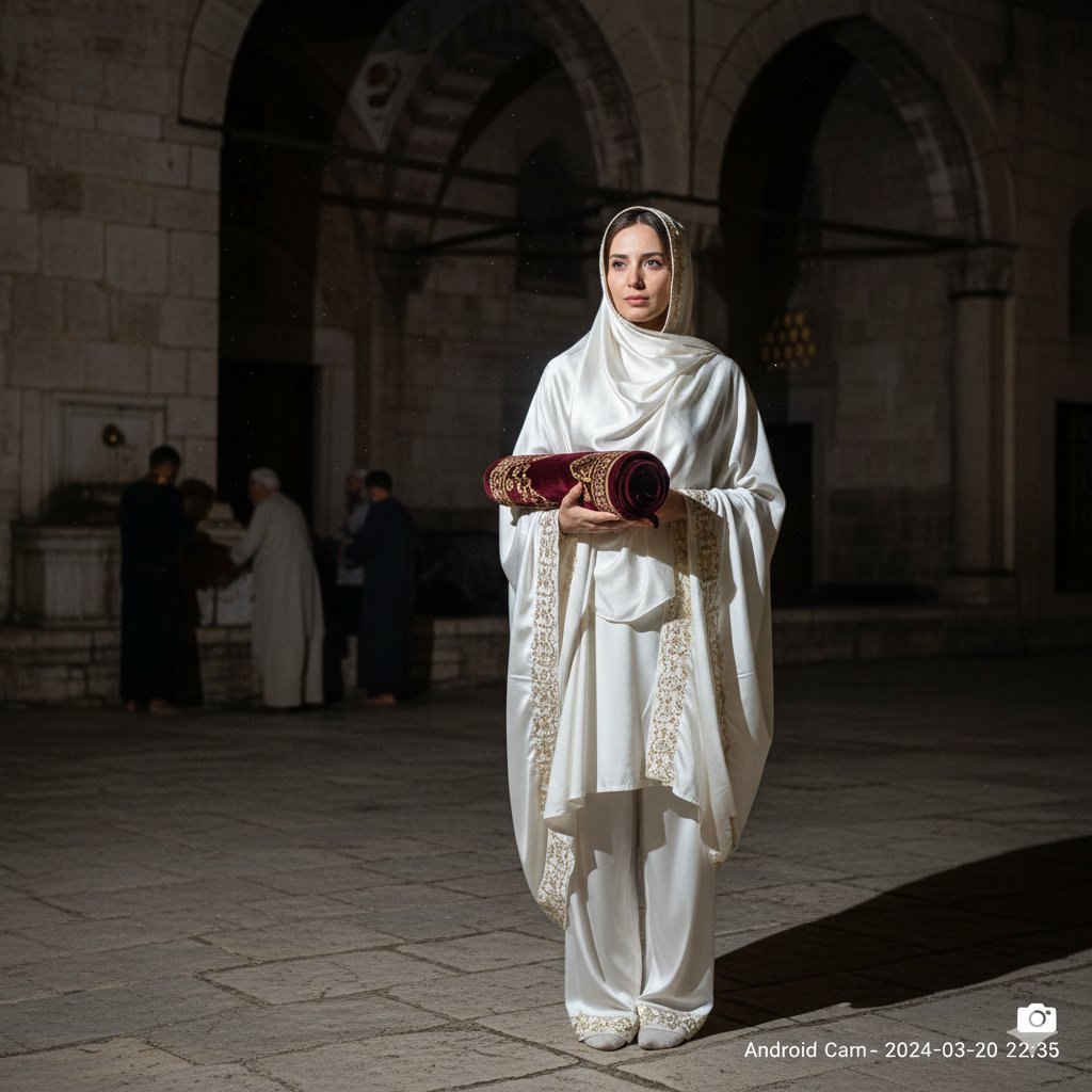 Nighttime Elegance: Silk Prayer Attire in the Courtyard