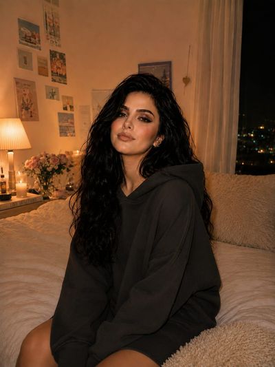 A girl in a dark hoodie smiles softly on a cozy bed