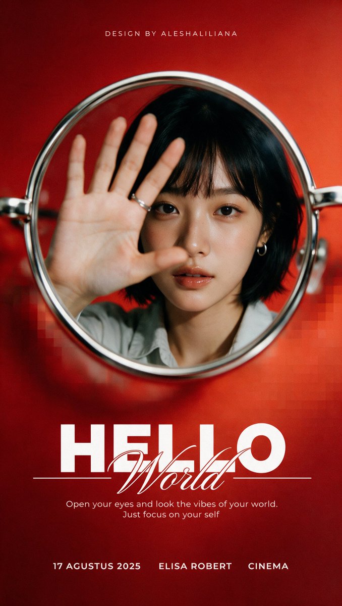 A red circular frame reveals a woman's hand in a cinematic poster
