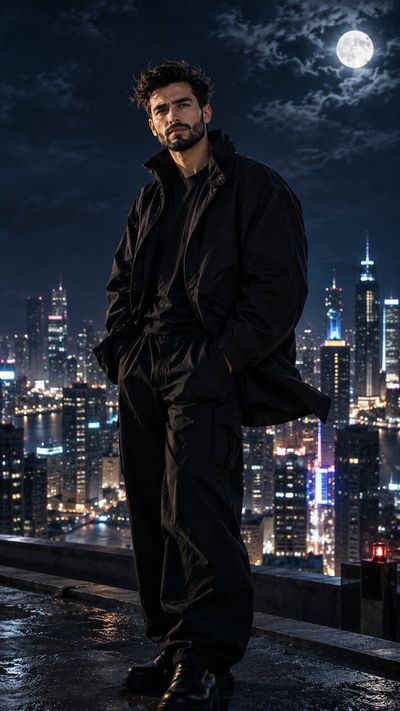 Handsome Man Stands on Rooftop Under Moonlit City Skyline