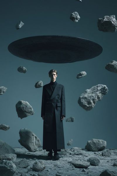 Male model in Balenciaga stands on rooftop with flying saucer