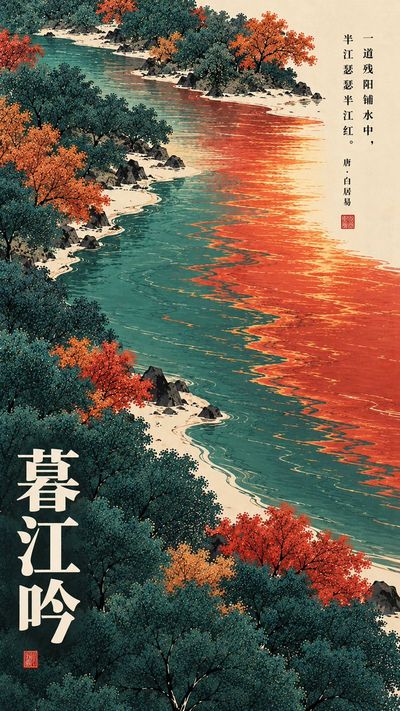 Translucent river reflects crimson glow in Tang dynasty illustration style