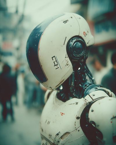 Dystopian Robot in Cyberpunk Alley