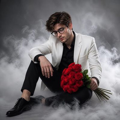 Melancholy in White: Studio Portrait with Roses