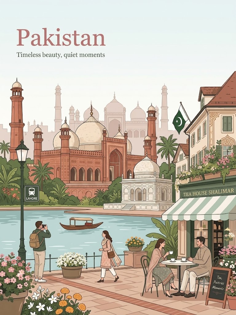 Vintage travel poster shows Pakistani waterfront with iconic landmarks