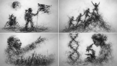 Smoke calligraphy depicts moon landing with swirling grey tendrils