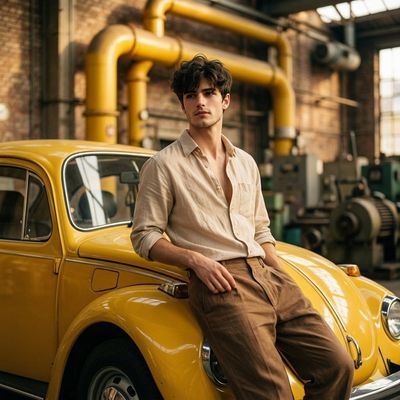 Vintage Warmth: Man Leaning on Yellow Classic Car