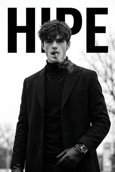 Sharp-jawed man in black coat smokes cigar outdoors