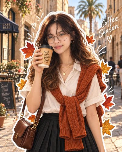 Cozy Autumn Illustration of Woman Walking with Coffee on European Street