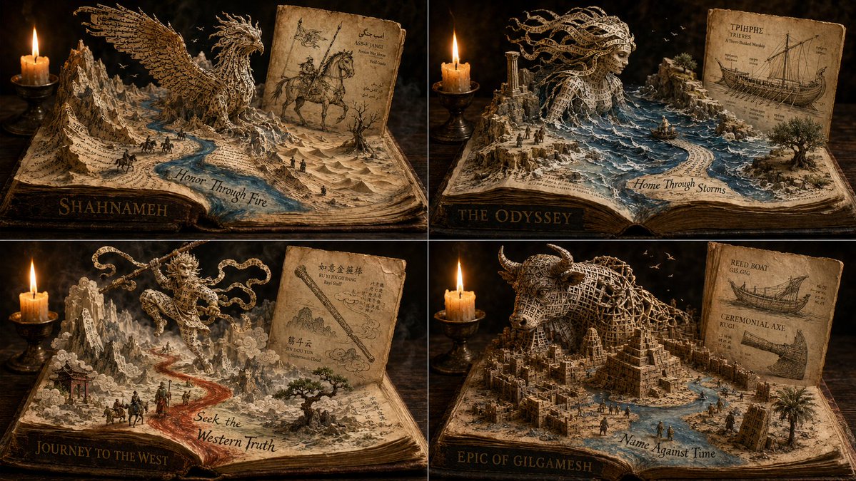 A Shahnameh epic unfolds through paper folded into a mythical biome