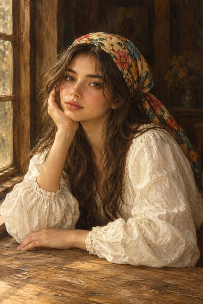 Woman in floral headscarf sits by rustic window in warm light