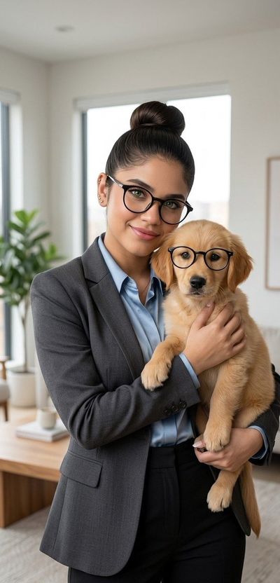 Woman and golden retriever puppy share matching glasses in cozy sunlight