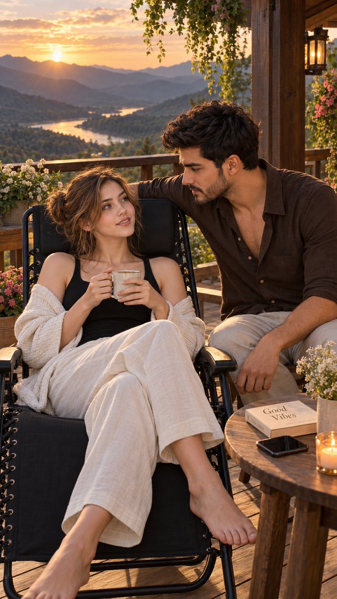 Couple shares quiet golden hour moment on mountain balcony