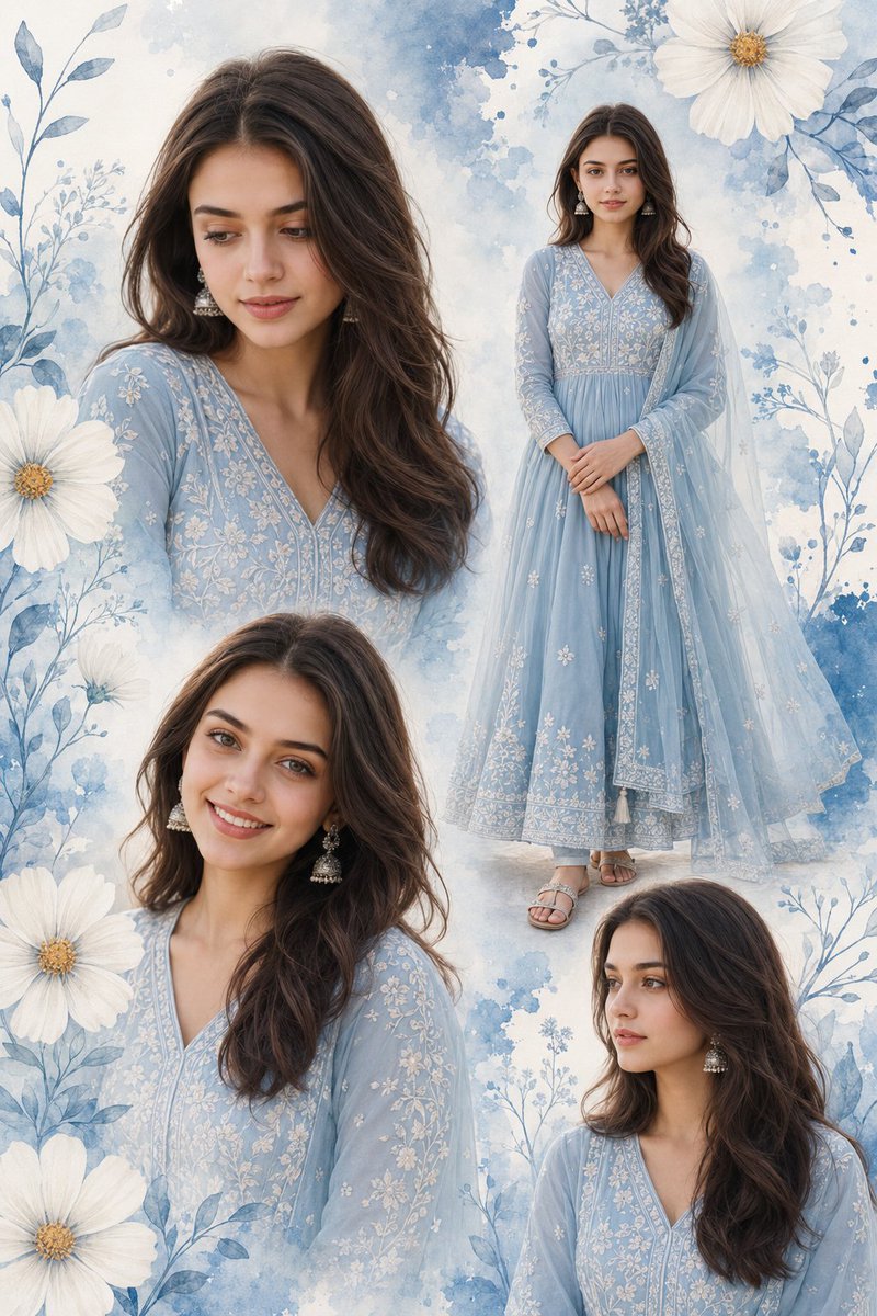 Young woman wears blue Anarkali in four dreamy portrait poses