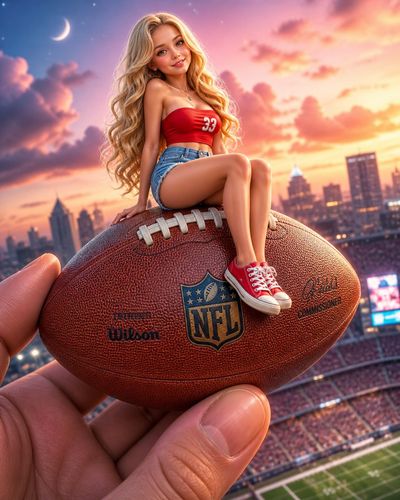 Tiny Girl on Giant Football in Surreal Glow