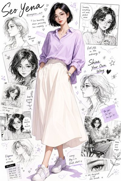 Young Korean woman in lilac blouse poses before artistic collage