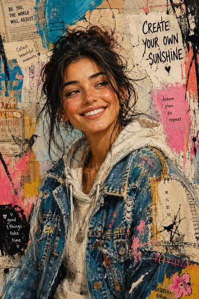 A smiling young woman in a collage of street art and warmth