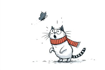 A quirky character in mismatched socks skips joyfully with a wide grin.