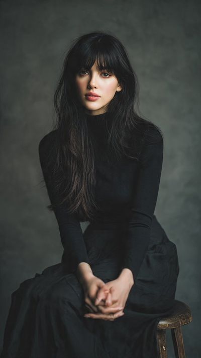 Elegant woman in black turtleneck poses under dramatic studio lighting