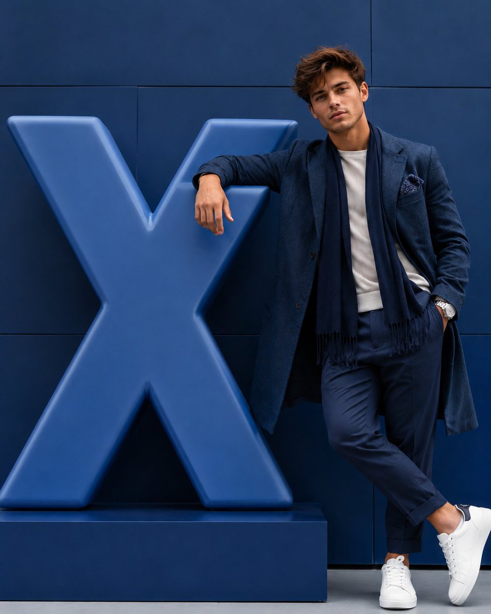 Stylish man interacts with oversized minimal Facebook logo in editorial shot