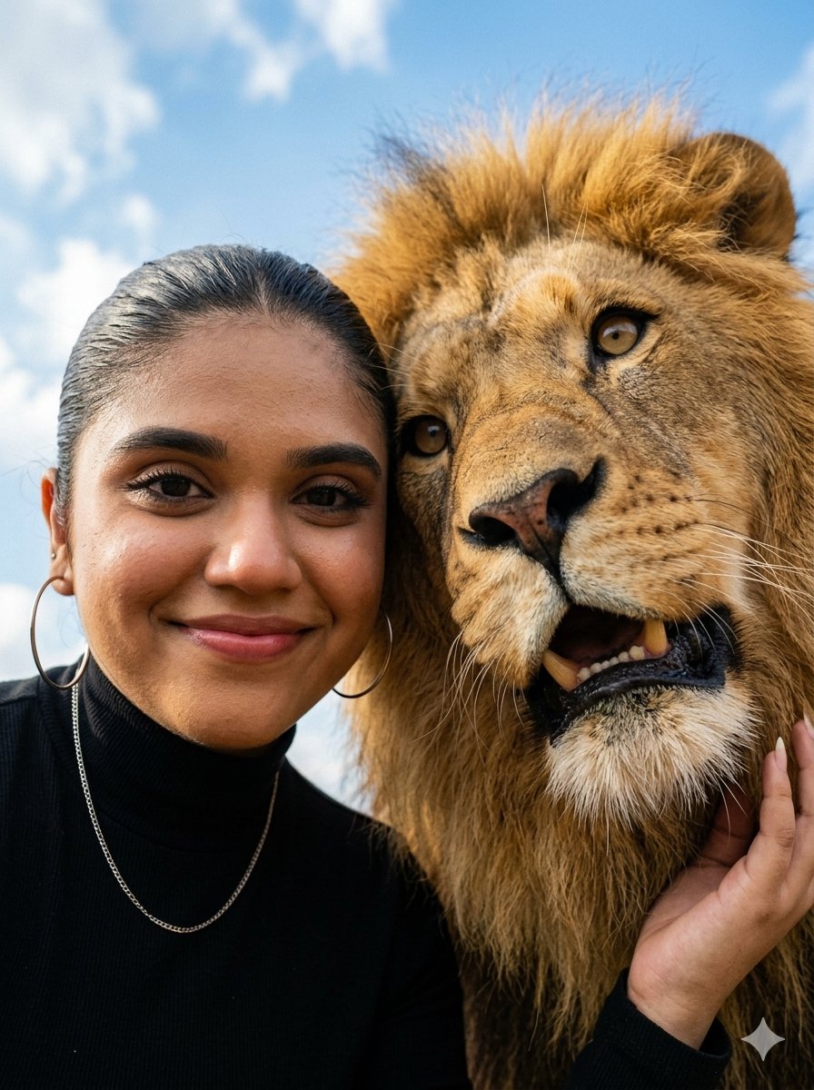 Young woman presses her head against a lion under blue sky