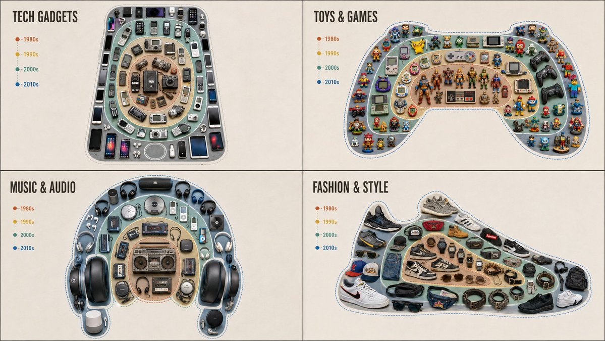Vintage toys and gadgets form a tree ring silhouette