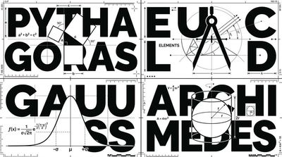 Mathematical figures emerge in bold black and white typography grid