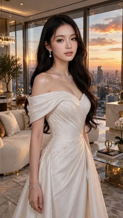 Elegant Asian Woman in Ivory Silk Gown at Penthouse Sunset