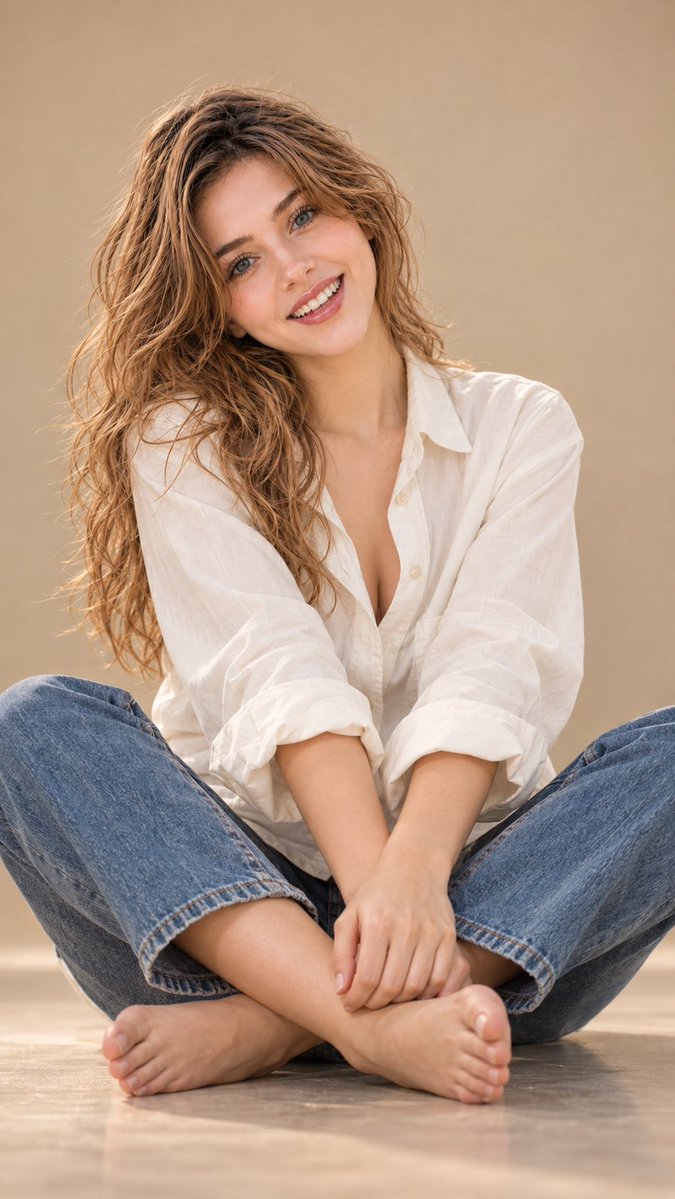 Radiant Woman Cross-Legged Barefoot Studio Portrait With Joyful Laughter