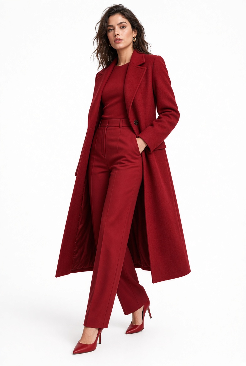 Model showcases four bold monochrome outfits in high-fashion editorial