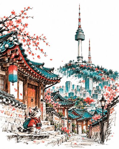 Crooked Landmark Rises From White Space in Mid-Century Storybook Illustration