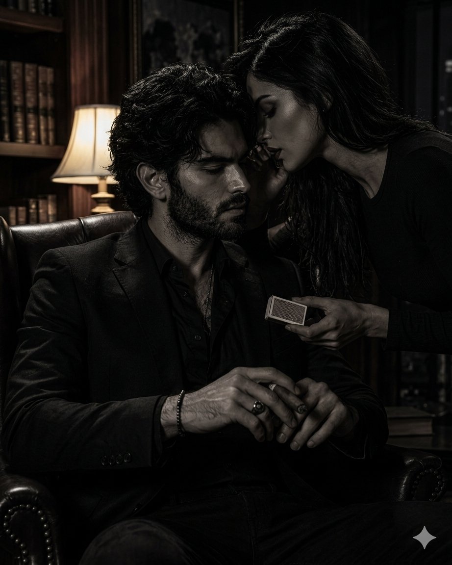 A dangerous man and a dark woman share a flame in the penthouse