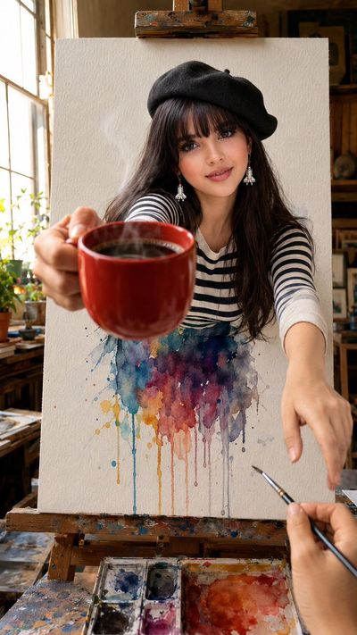 Woman in beret emerges from watercolor holding a red coffee cup