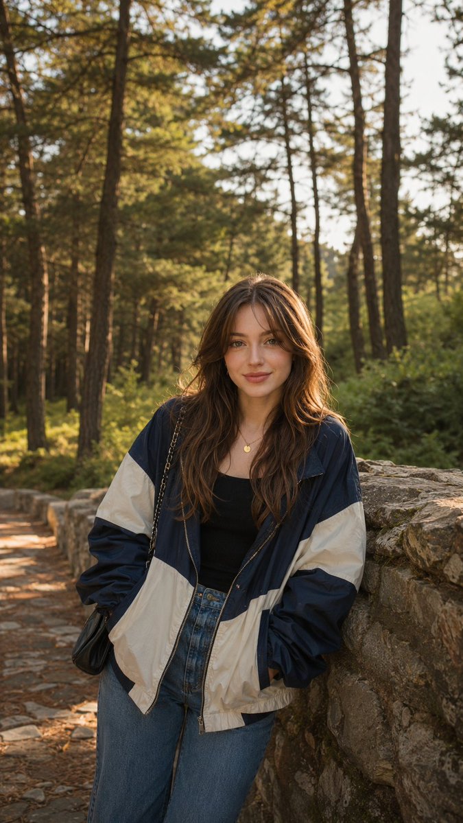 A young woman leans against a stone wall in a sunlit forest