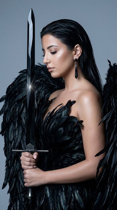 Dark angel in black feather gown holds a sparkling obsidian sword