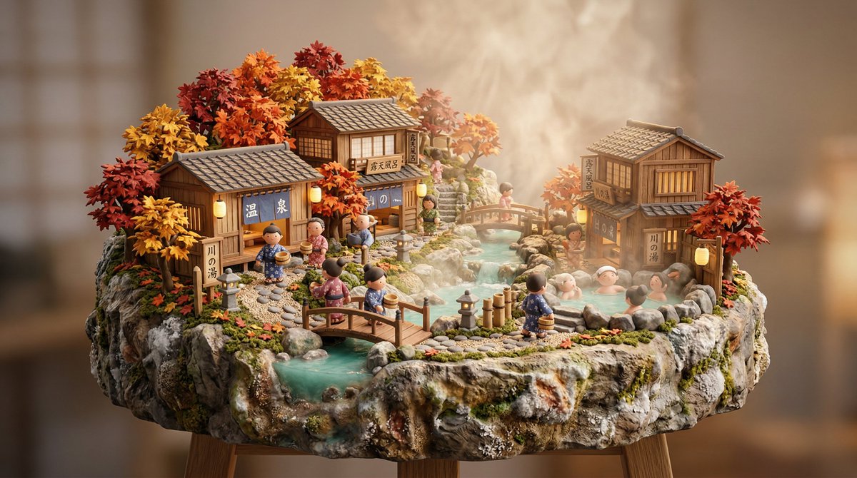 Tiny Onsen Village in Autumn: A Clay Diorama