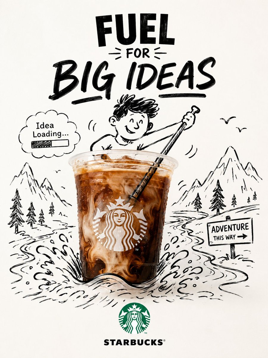 Hand-drawn doodle climbs real product in minimalist brand poster