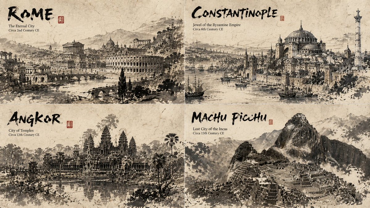 Four ancient cities emerge from flowing ink on rice paper