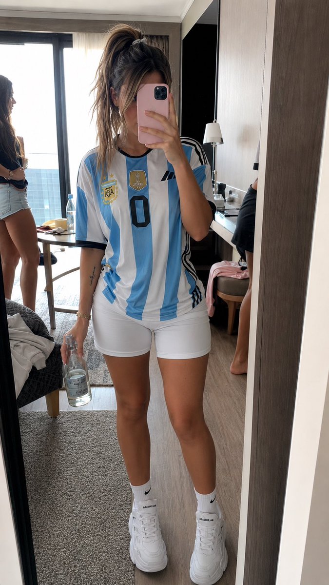 Young woman in Argentina jersey captures a candid mirror selfie