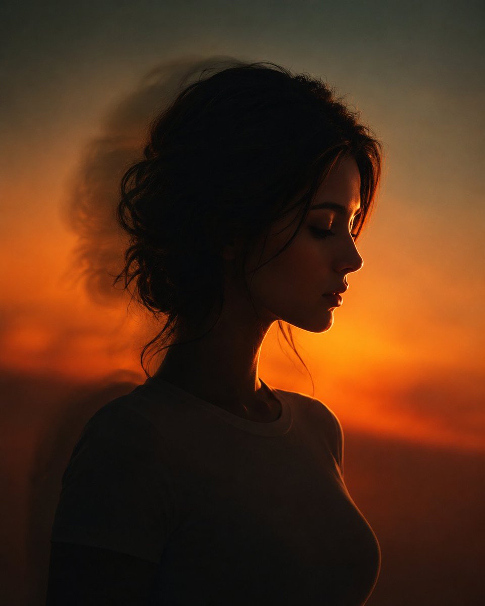 A contemplative silhouette stands against a glowing sunset sky