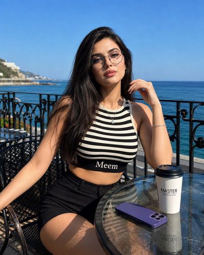East Asian woman with black hair relaxes at seaside café